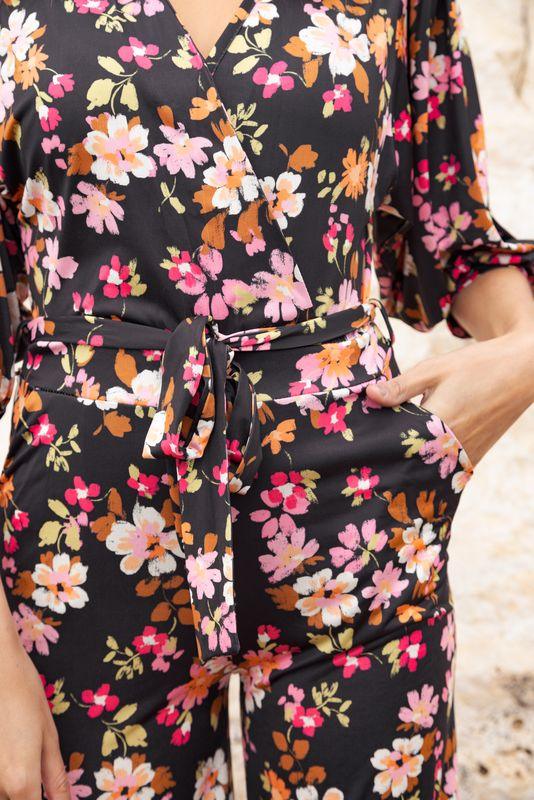 Dilli Black Jumpsuit with Pink Flowers Made in France Dress made