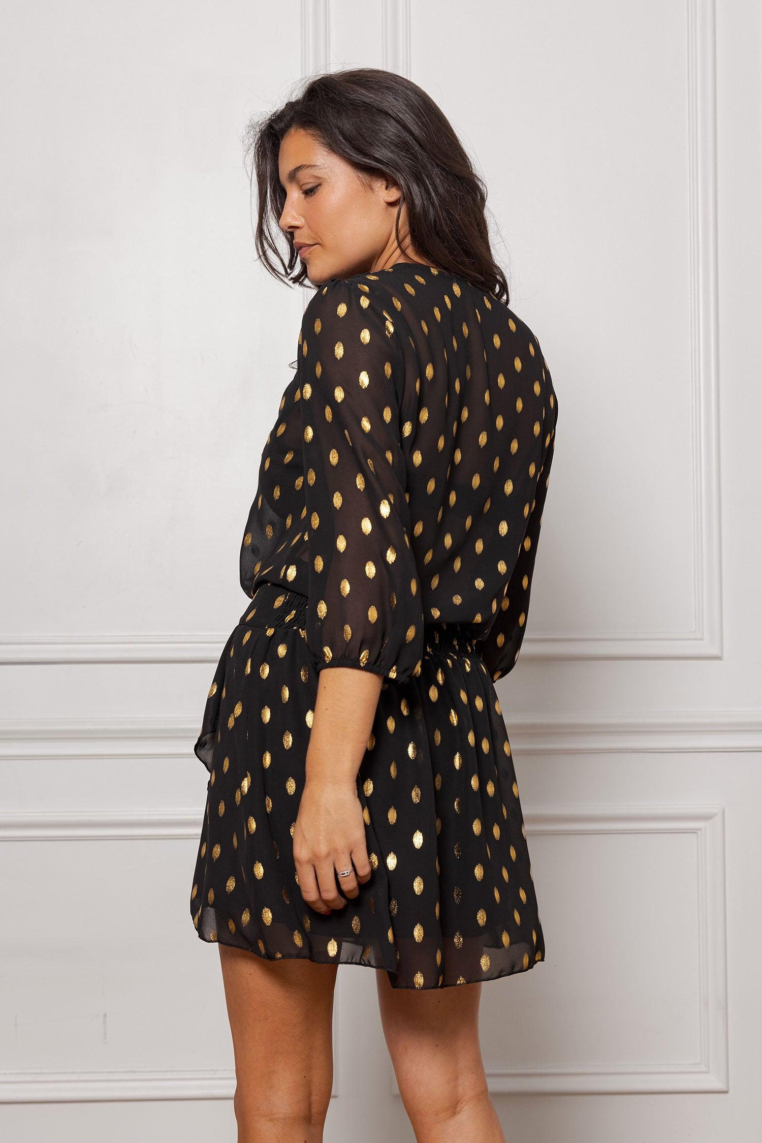 Dina Women's Short Black Dress with Gold Polka Dots - Made in France dress made in Paris EGERIE Dina Women's Short Black Dress with Gold Polka Dots - Made in France dress made in Paris EGERIE