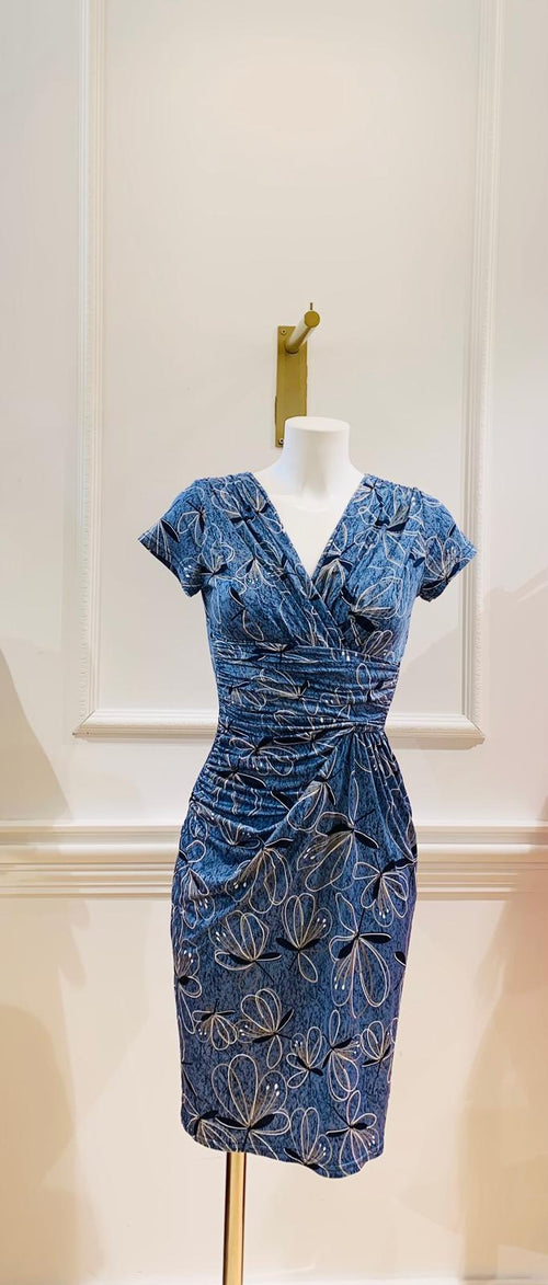 Robe Courte Alabama Bleue Fleurs Blanches & Noires - EGERIE