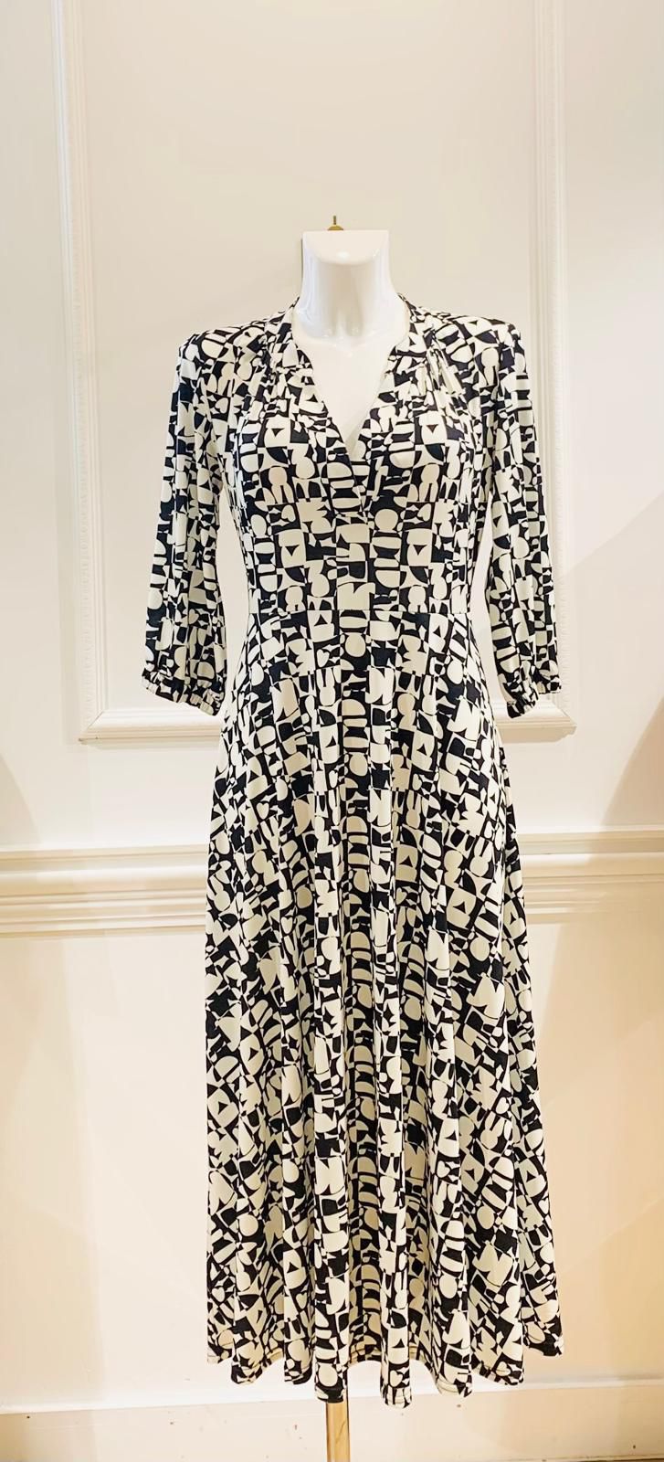 Robe Longue Malou Noire Imprimé Rétro Blanc