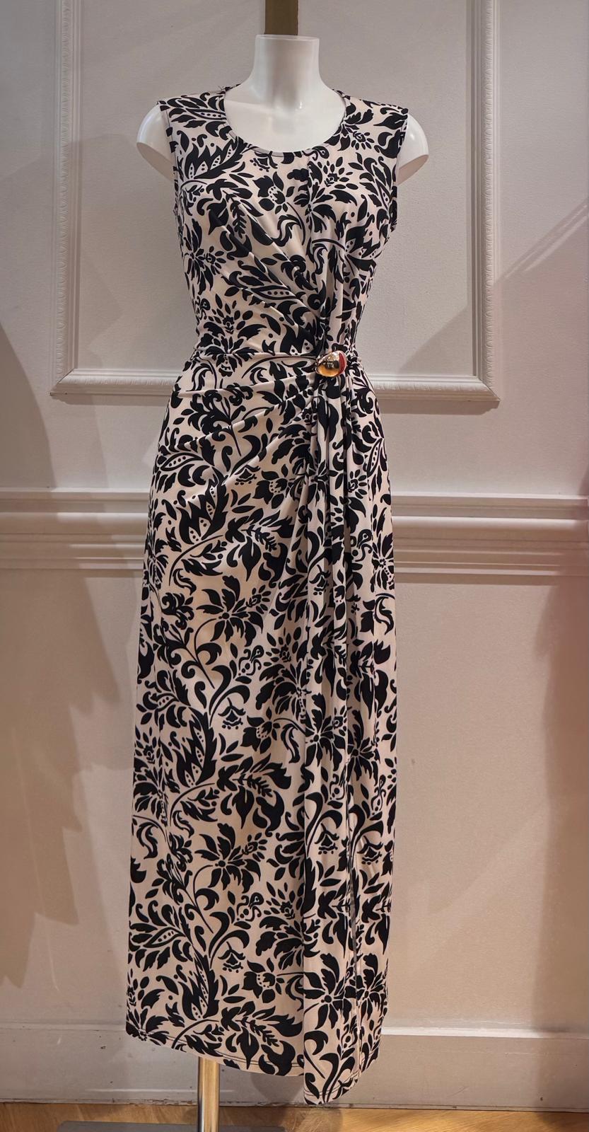 Scharlachrotes, cremefarbenes Maxikleid mit Blumenmuster